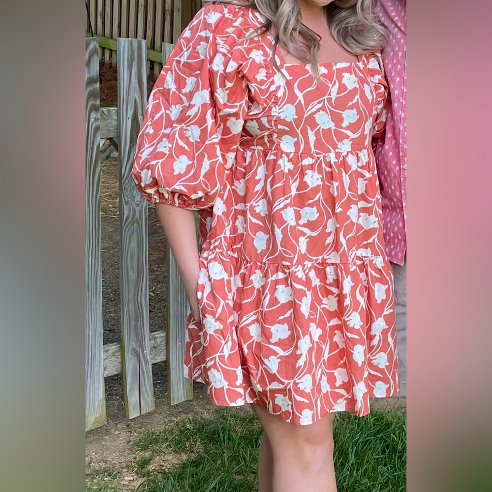 a new day Orange and White Floral Puff Sleeve Dress